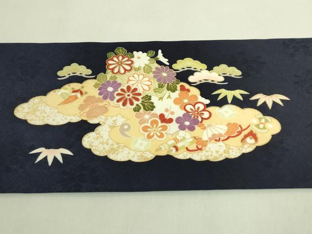 平和屋着物●極上　九寸名古屋帯　駒刺繍　宝尽くし花文　濃い鉄紺色地　金彩　逸品　未使用　DZAB8632kh6