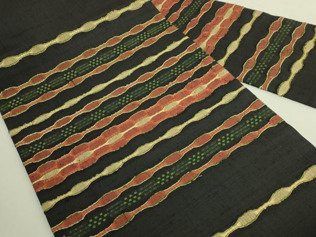 平和屋本店●超希少　国画会会員　原田麻那　めがね織　浮き織　九寸名古屋帯　横段文　黒地　逸品　DZAB8633kh6