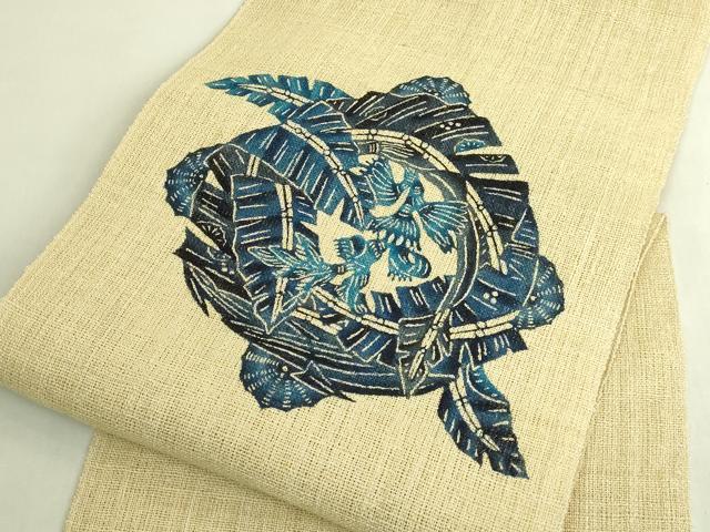 平和屋本店＊最高級　夏物　城間栄順　本場琉球紅型　八寸名古屋帯　藍　芭蕉の葉　麻　逸品　DZAB8650kh6