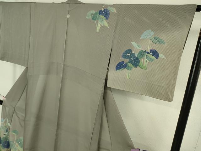 平和屋着物＊極上　夏物　十日町　加賀草木友禅の第一人者　田村哲彦　訪問着　縦絽　尾長鳥　蓮　暈し染め　煤色地　逸品　DZAB8652kh6