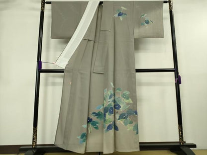 平和屋着物＊極上　夏物　十日町　加賀草木友禅の第一人者　田村哲彦　訪問着　縦絽　尾長鳥　蓮　暈し染め　煤色地　逸品　DZAB8652kh6