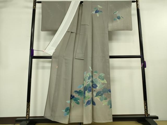 平和屋着物＊極上　夏物　十日町　加賀草木友禅の第一人者　田村哲彦　訪問着　縦絽　尾長鳥　蓮　暈し染め　煤色地　逸品　DZAB8652kh6