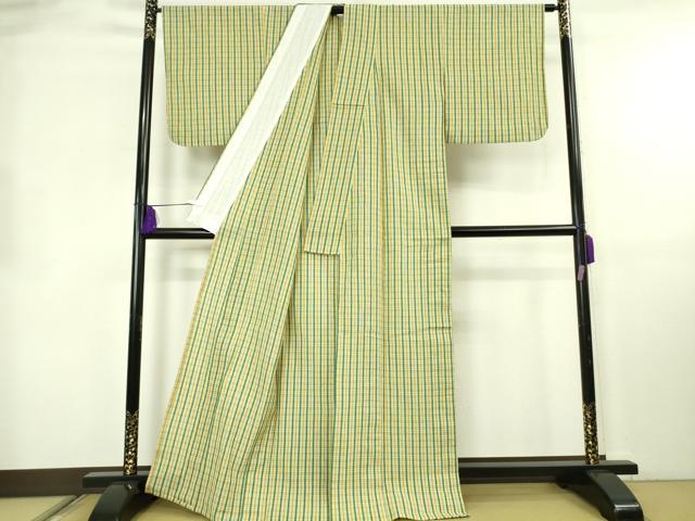 平和屋着物＊極上　夏物　小千谷ちぢみ　綿麻縮　格子　吉新織物謹製　証紙付き　逸品　DZAB8654kh6