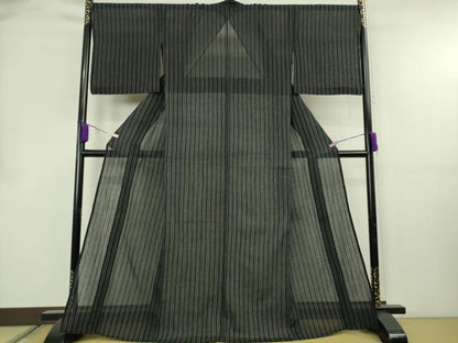 平和屋着物＊極上　夏物　本場小千谷ちぢみ　麻　縞　黒地　まるやま扱い　逸品　DZAB8656kh6