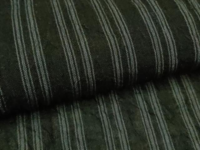 平和屋着物＊極上　夏物　本場小千谷ちぢみ　麻　縞　黒地　まるやま扱い　逸品　DZAB8656kh6