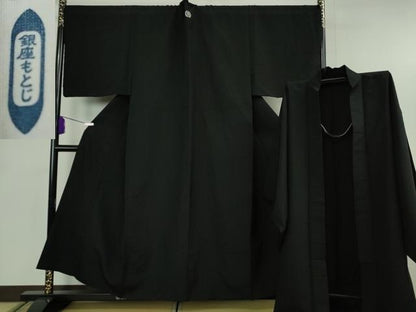 平和屋本店●極上　男性　銀座もとじ　黒紋付き　長羽織セット　キングサイズ　御召縮緬　逸品　DZAB8666kh6