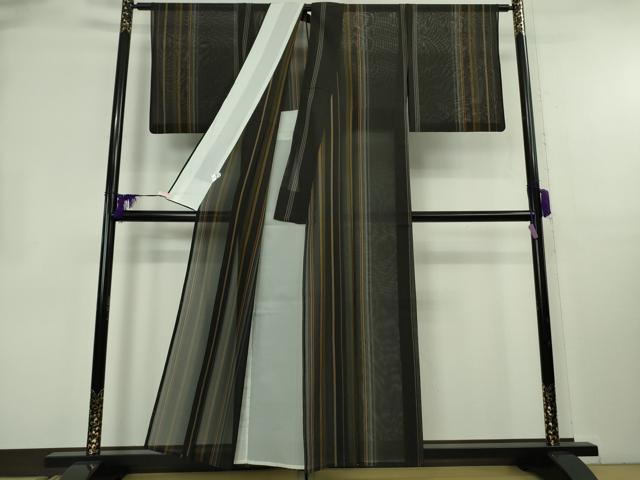 平和屋本店＊希少 夏物 本場黄八丈 夏黄八　黒八丈　紗紬　伝統工芸士　西條吉広　間道　京都きもの友禅扱い　証紙付き　逸品　DZAB8679kh6