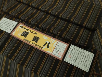 平和屋本店＊希少 夏物 本場黄八丈 夏黄八 黒八丈 紗紬 伝統工芸士 西條吉広　BANKANわものや　縞　証紙付き　ロング丈　逸品　DZAB8680kh6