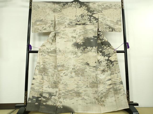 平和屋本店▽極上　染織の名門　しょうざん  生紬　単衣　風景花文　金彩　逸品　未使用　DZAB8694kh6