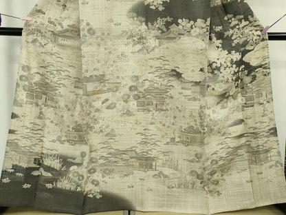 平和屋本店▽極上　染織の名門　しょうざん  生紬　単衣　風景花文　金彩　逸品　未使用　DZAB8694kh6