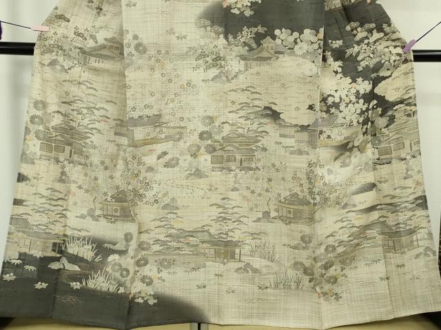 平和屋本店▽極上　染織の名門　しょうざん  生紬　単衣　風景花文　金彩　逸品　未使用　DZAB8694kh6