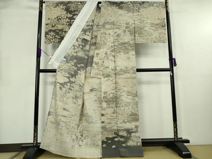 平和屋本店▽極上　染織の名門　しょうざん  生紬　単衣　風景花文　金彩　逸品　未使用　DZAB8694kh6