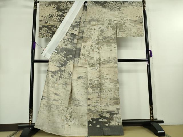 平和屋本店▽極上　染織の名門　しょうざん  生紬　単衣　風景花文　金彩　逸品　未使用　DZAB8694kh6