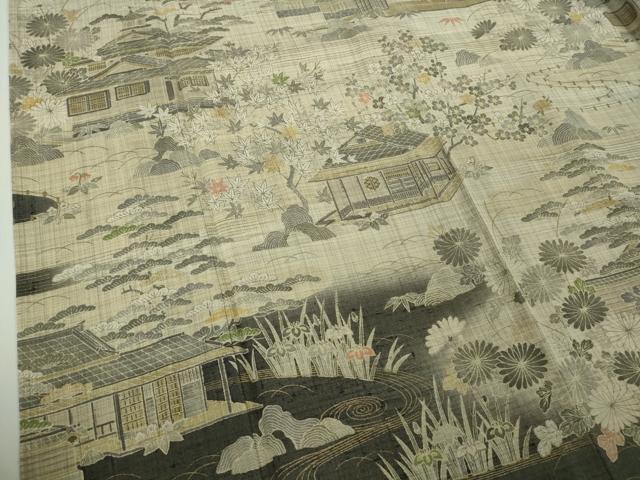 平和屋本店▽極上　染織の名門　しょうざん  生紬　単衣　風景花文　金彩　逸品　未使用　DZAB8694kh6