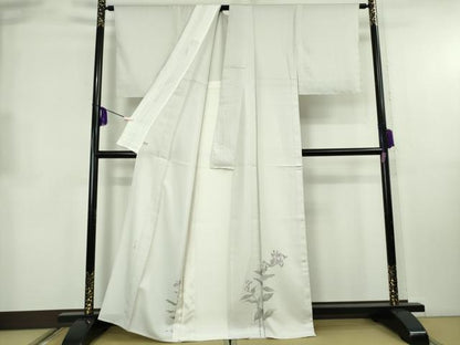 平和屋着物▽極上　手描友禅女流作家　一色生子　色留訪問着　単衣　枝花文　灰黄緑色地　反端付き　逸品　未使用　DZAB8696kh6