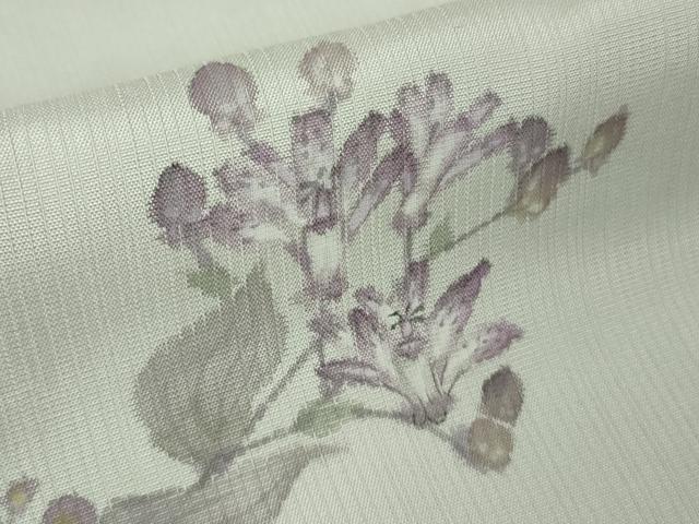平和屋着物▽極上　手描友禅女流作家　一色生子　色留訪問着　単衣　枝花文　灰黄緑色地　反端付き　逸品　未使用　DZAB8696kh6