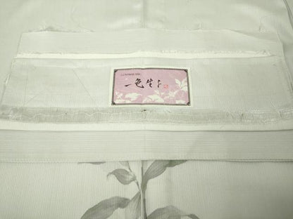 平和屋着物▽極上　手描友禅女流作家　一色生子　色留訪問着　単衣　枝花文　灰黄緑色地　反端付き　逸品　未使用　DZAB8696kh6
