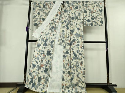平和屋着物▽極上　タッサーゴールドシルク　小紋　単衣　菱地紋　霞文　反端付き　逸品　DZAB8698kh6