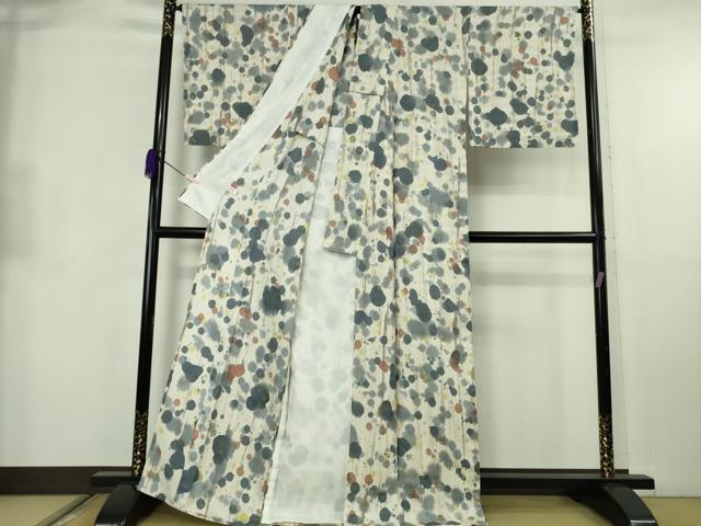 平和屋着物▽極上　タッサーゴールドシルク　小紋　単衣　菱地紋　霞文　反端付き　逸品　DZAB8698kh6