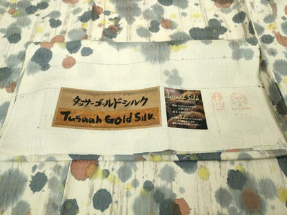 平和屋着物▽極上　タッサーゴールドシルク　小紋　単衣　菱地紋　霞文　反端付き　逸品　DZAB8698kh6