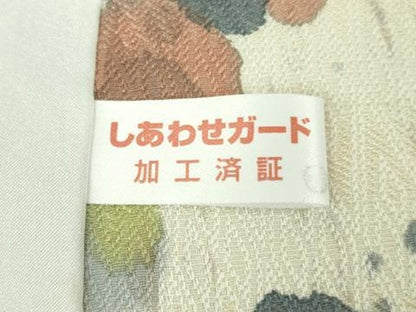 平和屋着物▽極上　タッサーゴールドシルク　小紋　単衣　菱地紋　霞文　反端付き　逸品　DZAB8698kh6