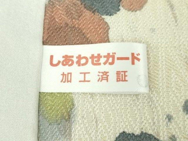 平和屋着物▽極上　タッサーゴールドシルク　小紋　単衣　菱地紋　霞文　反端付き　逸品　DZAB8698kh6