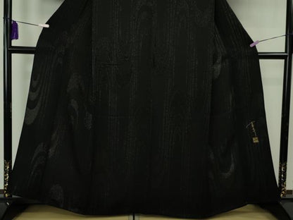 平和屋本店▽極上　キモノデザイナー 斉藤上太郎　小紋　単衣　お召地　流水文　黒地　銀糸　反端付き　逸品　DZAB8705kh6