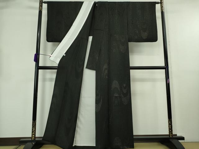 平和屋本店▽極上　キモノデザイナー 斉藤上太郎　小紋　単衣　お召地　流水文　黒地　銀糸　反端付き　逸品　DZAB8705kh6