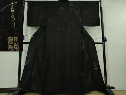 平和屋本店▽極上　キモノデザイナー 斉藤上太郎　小紋　単衣　お召地　流水文　黒地　銀糸　反端付き　逸品　DZAB8705kh6