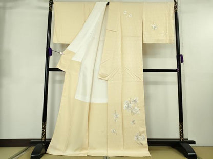 平和屋本店●極上　訪問着　総刺繍　百合　砥粉色地　金銀糸　ロング丈　逸品　DZAB8709kh6