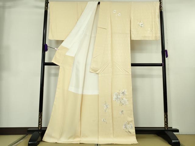 平和屋本店●極上　訪問着　総刺繍　百合　砥粉色地　金銀糸　ロング丈　逸品　DZAB8709kh6