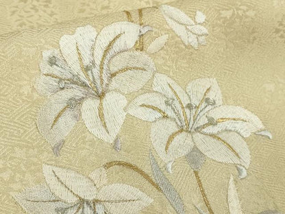 平和屋本店●極上　訪問着　総刺繍　百合　砥粉色地　金銀糸　ロング丈　逸品　DZAB8709kh6