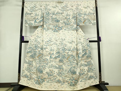 平和屋着物●極上　訪問着　紬地　藍　渡橋風景文　逸品　DZAB8712kh6