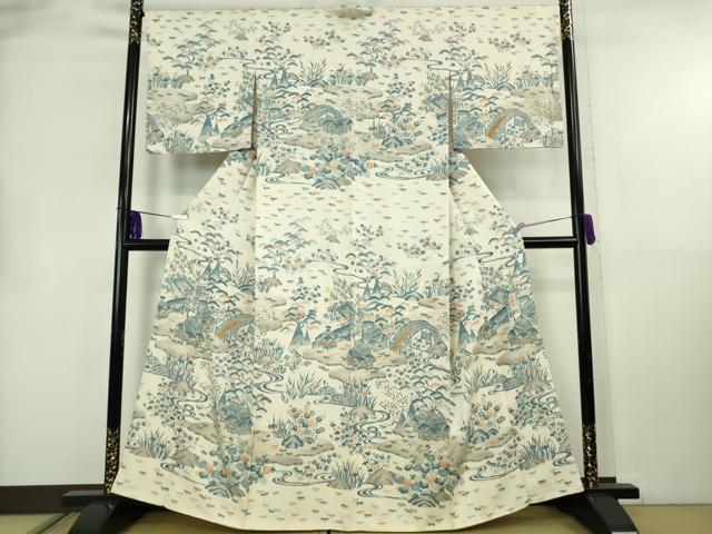 平和屋着物●極上　訪問着　紬地　藍　渡橋風景文　逸品　DZAB8712kh6
