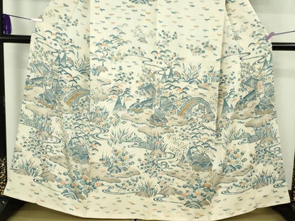 平和屋着物●極上　訪問着　紬地　藍　渡橋風景文　逸品　DZAB8712kh6