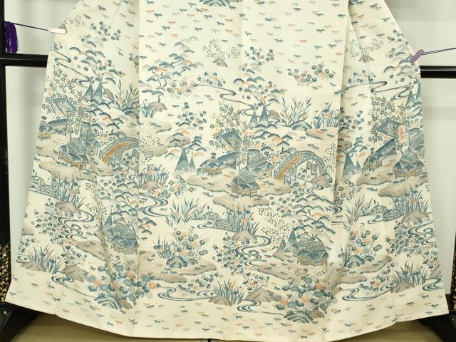 平和屋着物●極上　訪問着　紬地　藍　渡橋風景文　逸品　DZAB8712kh6