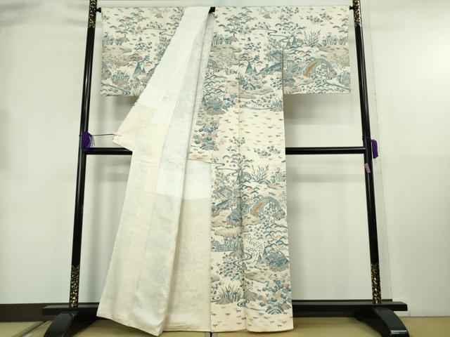 平和屋着物●極上　訪問着　紬地　藍　渡橋風景文　逸品　DZAB8712kh6