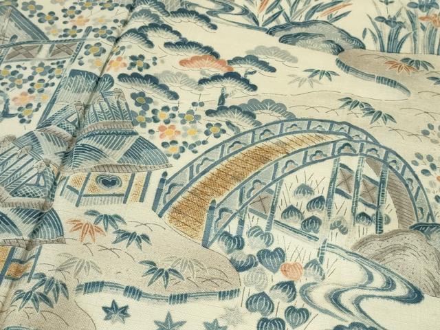 平和屋着物●極上　訪問着　紬地　藍　渡橋風景文　逸品　DZAB8712kh6