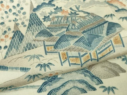 平和屋着物●極上　訪問着　紬地　藍　渡橋風景文　逸品　DZAB8712kh6