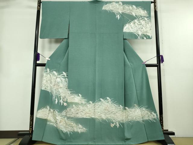 平和屋本店●極上　訪問着　総手刺繍　稲穂に雀　錆浅葱色地　金糸　やまと誂製　逸品　DZAB8721kh6