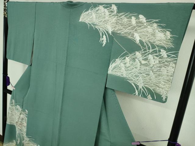 平和屋本店●極上　訪問着　総手刺繍　稲穂に雀　錆浅葱色地　金糸　やまと誂製　逸品　DZAB8721kh6