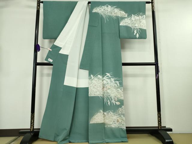 平和屋本店●極上　訪問着　総手刺繍　稲穂に雀　錆浅葱色地　金糸　やまと誂製　逸品　DZAB8721kh6