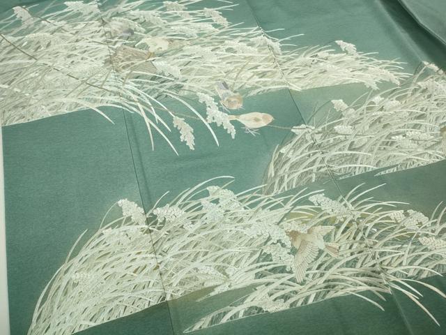 平和屋本店●極上　訪問着　総手刺繍　稲穂に雀　錆浅葱色地　金糸　やまと誂製　逸品　DZAB8721kh6