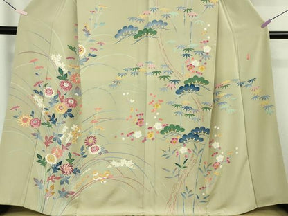 平和屋本店●極上　本加賀友禅作家　押田正義　訪問着　松竹梅　枝花　薄い抹茶色地　小田急百貨店扱い　逸品　DZAB8725kh6