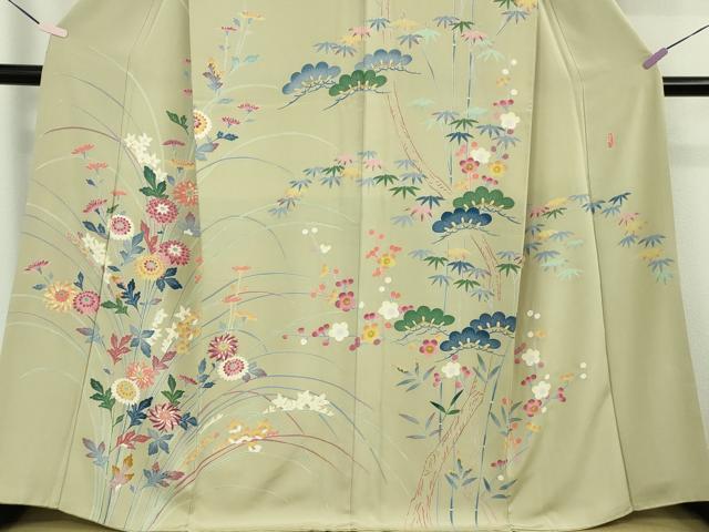 平和屋本店●極上　本加賀友禅作家　押田正義　訪問着　松竹梅　枝花　薄い抹茶色地　小田急百貨店扱い　逸品　DZAB8725kh6