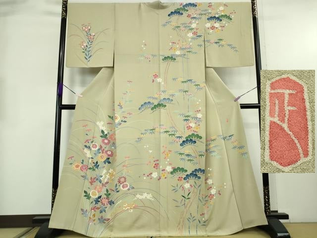 平和屋本店●極上　本加賀友禅作家　押田正義　訪問着　松竹梅　枝花　薄い抹茶色地　小田急百貨店扱い　逸品　DZAB8725kh6