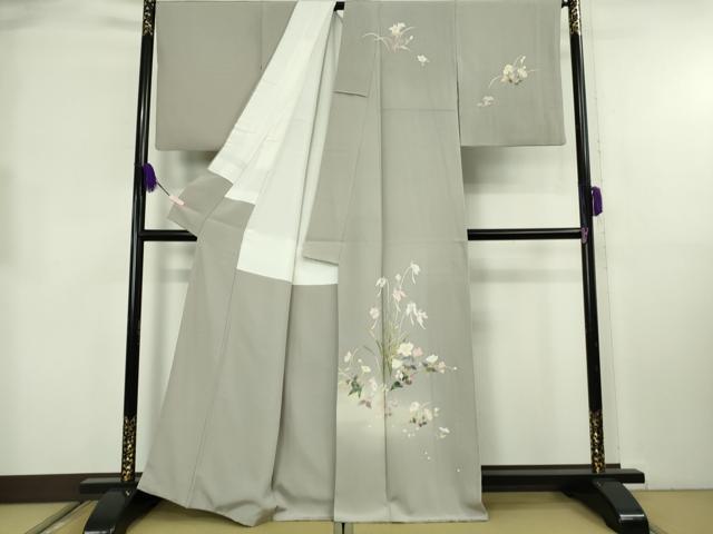 平和屋着物●極上　京加賀友禅　百貫石峰　訪問着　枝花　サギゾウ　利休白茶色地　逸品　DZAB8727kh6