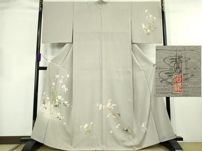 平和屋着物●極上　京加賀友禅　百貫石峰　訪問着　枝花　サギゾウ　利休白茶色地　逸品　DZAB8727kh6