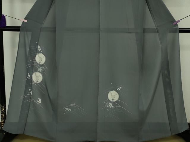 平和屋着物＊極上　夏物　訪問着　絽　立波に兎　うさぎ　藍墨茶色地　逸品　DZAB8730kh6
