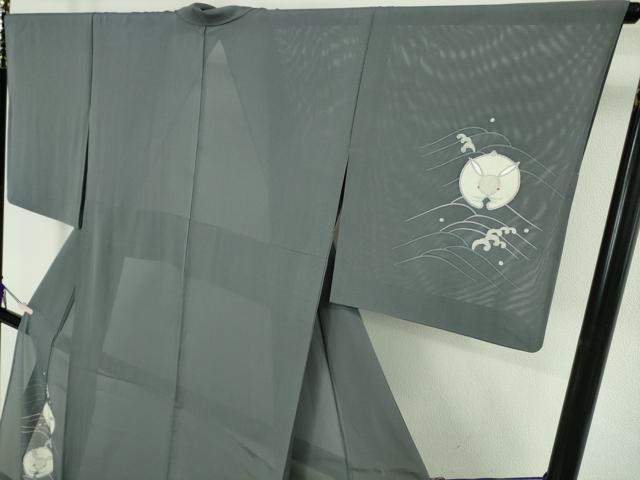 平和屋着物＊極上　夏物　訪問着　絽　立波に兎　うさぎ　藍墨茶色地　逸品　DZAB8730kh6